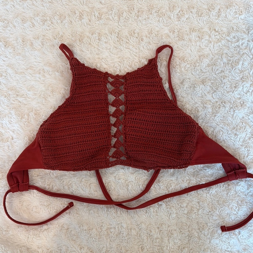 Crochet High Neck Bikini Top - Deep Red